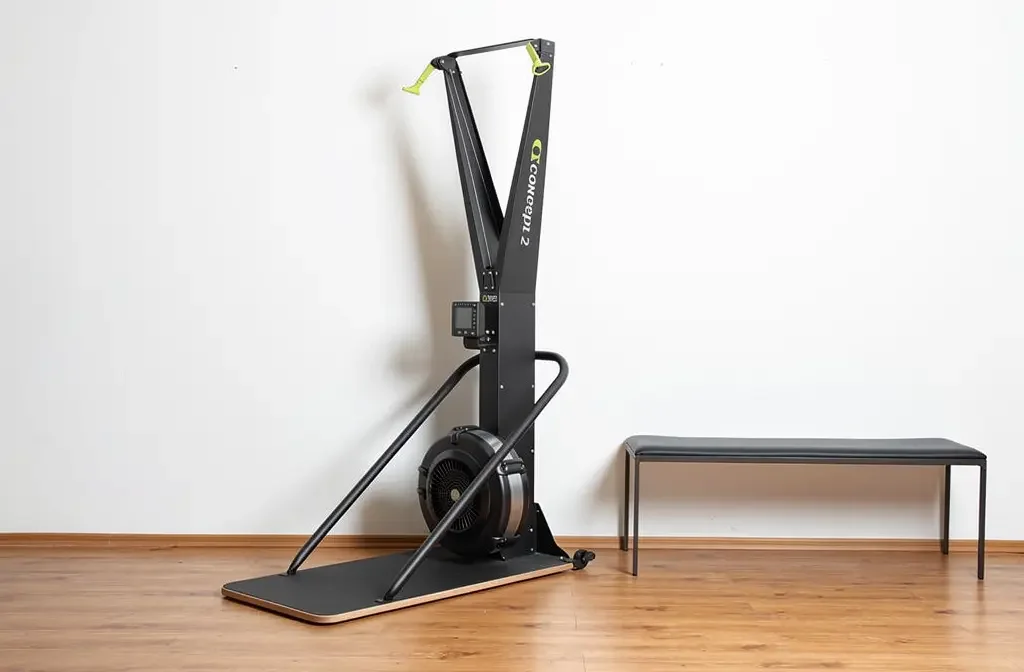 SkiErg Concept2 positionné dans une salle de sport épurée, prêt à l'utilisation.