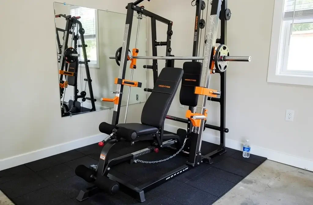 Station de musculation multifonction Moovyoo installée dans un garage aménagé en salle de sport à domicile.
