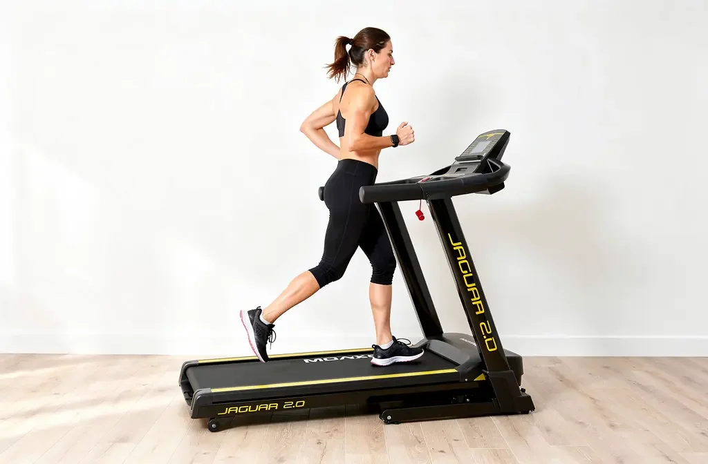 Tapis de course Moovyoo Jaguar 2.0 dans un espace fitness maison lumineux avec parquet clair.