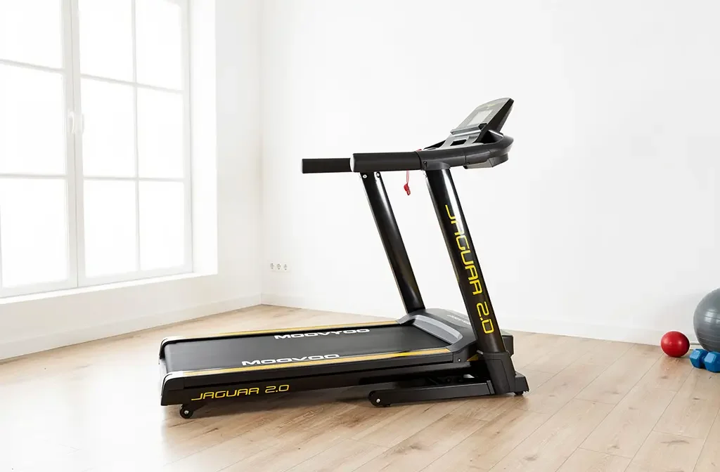 Tapis de course Moovyoo Jaguar 2.0 installé dans une salle de sport à domicile lumineuse avec parquet clair.