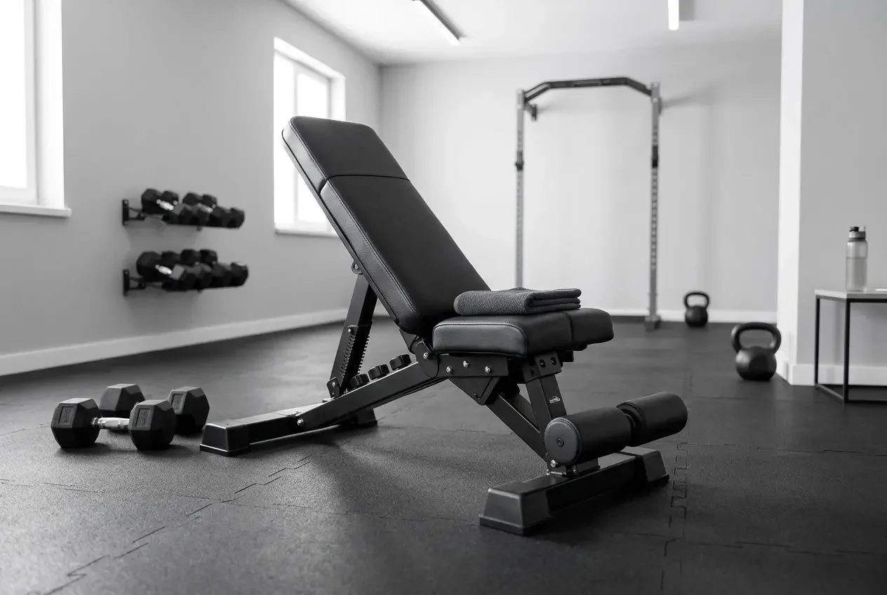 Banc de musculation réglable placé dans un espace de gym maison avec des haltères au sol.