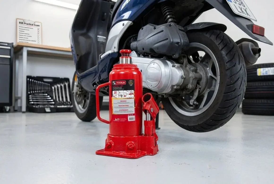 Cric bouteille hydraulique rouge utilisé pour soulever un scooter dans un garage.