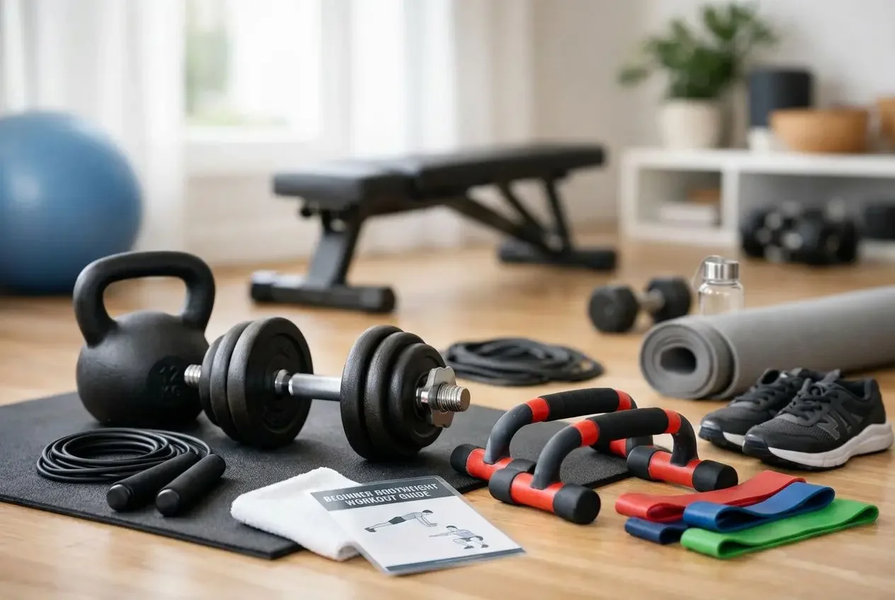 Ensemble d'équipements de fitness maison disposés sur un tapis noir dans un salon lumineux.