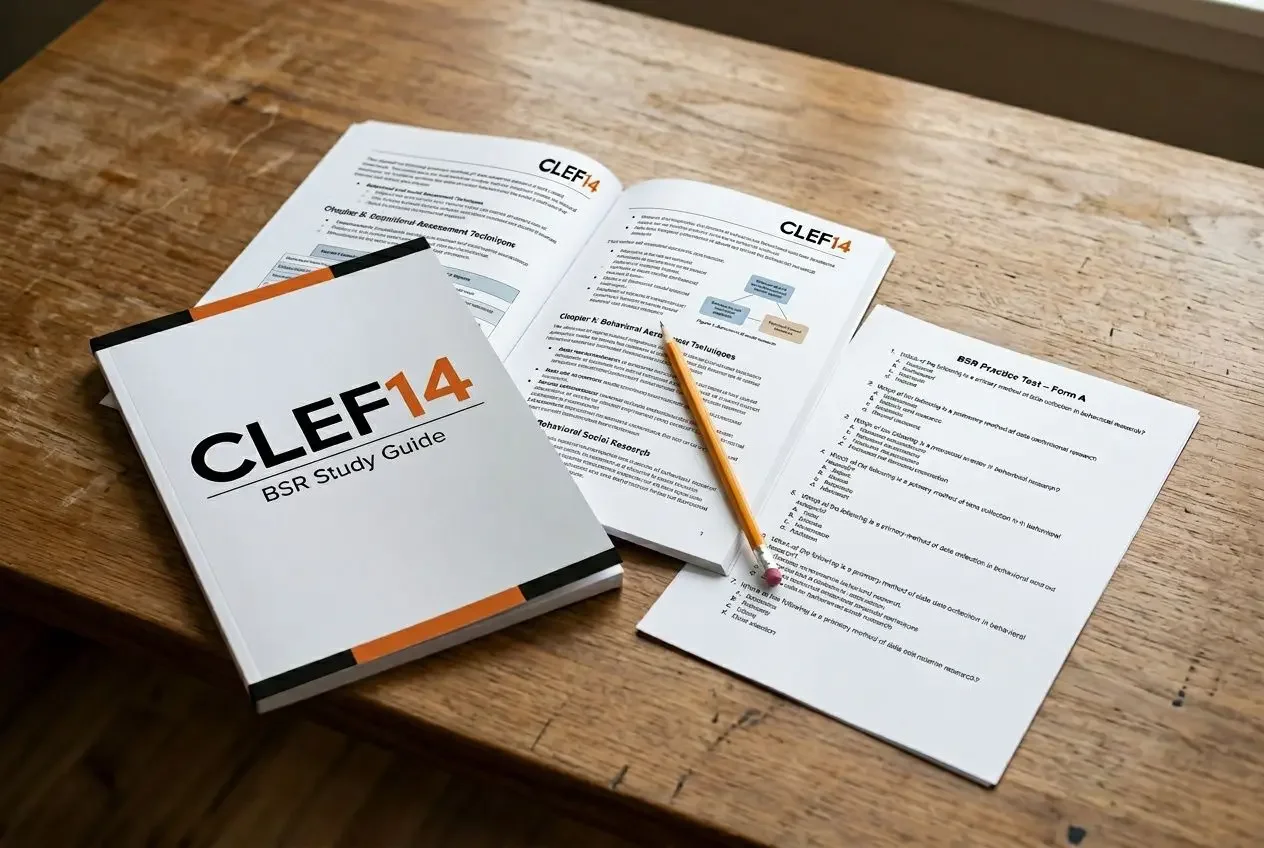 Guide CLEF14 ouvert sur un bureau avec des fiches de révision pour le BSR.