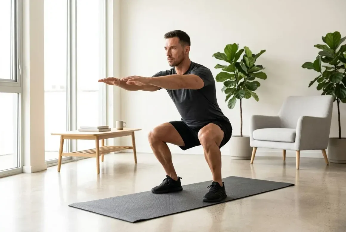 Homme musclé effectuant des squats sans matériel dans un salon lumineux et épuré.