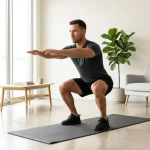 Homme musclé effectuant des squats sans matériel dans un salon lumineux et épuré.