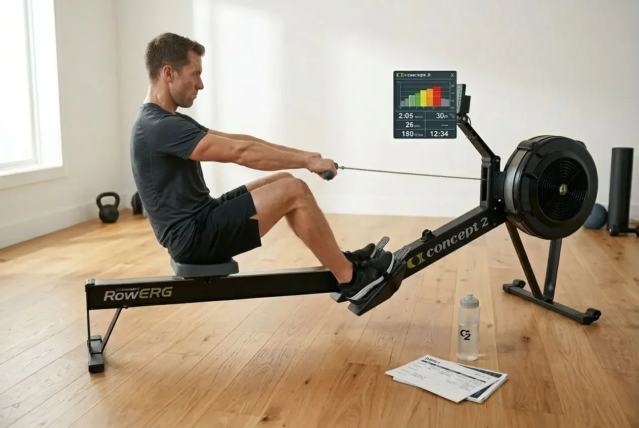 Homme utilisant le rameur Concept2 RowERG dans une salle de sport à domicile lumineuse.