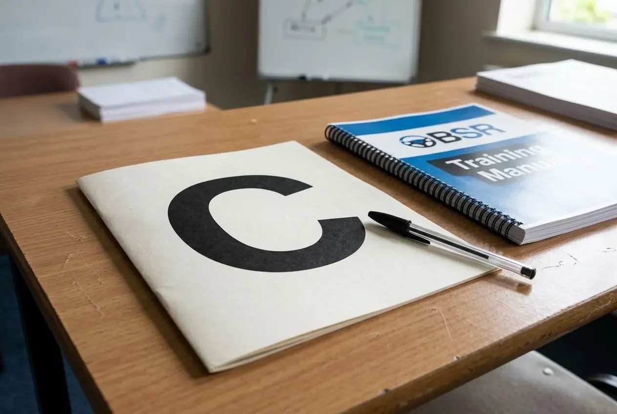 Lettre C sur un document de formation BSR en auto-école.