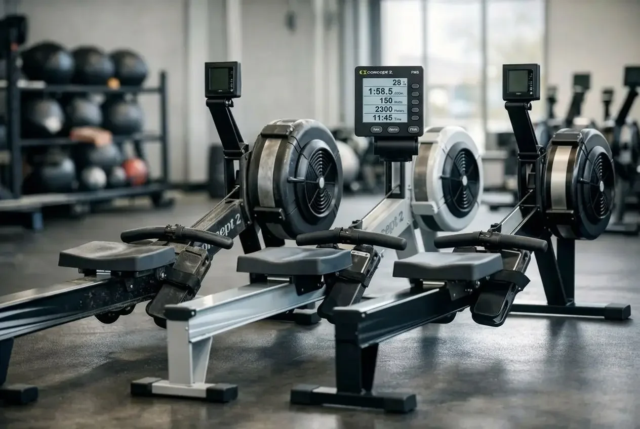 Rameur Concept2 PM5 équipé d’un moniteur PM5 au centre, avec deux autres rameurs en arrière dans une salle de sport.