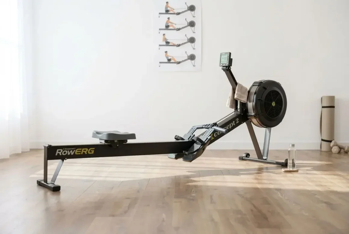 rameur-concept2-rowerg-installe-salle-sport-a-domicile Rameur Concept2 RowERG installé dans une salle de sport à domicile lumineuse et épurée.