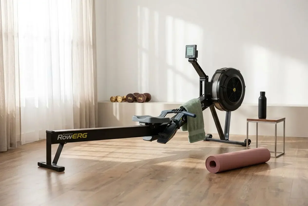 Rameur Concept2 RowERG posé sur un parquet clair dans une pièce lumineuse et épurée, idéal pour tonifier le dos et la silhouette.
