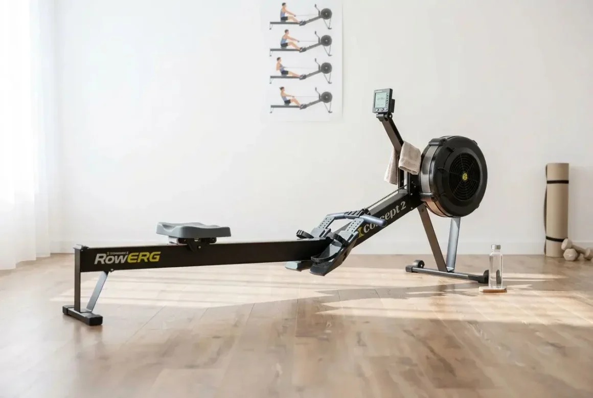 Rameur Concept2 RowERG posé sur un parquet clair dans une salle de sport épurée à domicile.