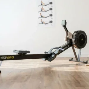 Rameur Concept2 RowERG dans une salle de sport à domicile lumineuse, combinant cardio et musculation.
