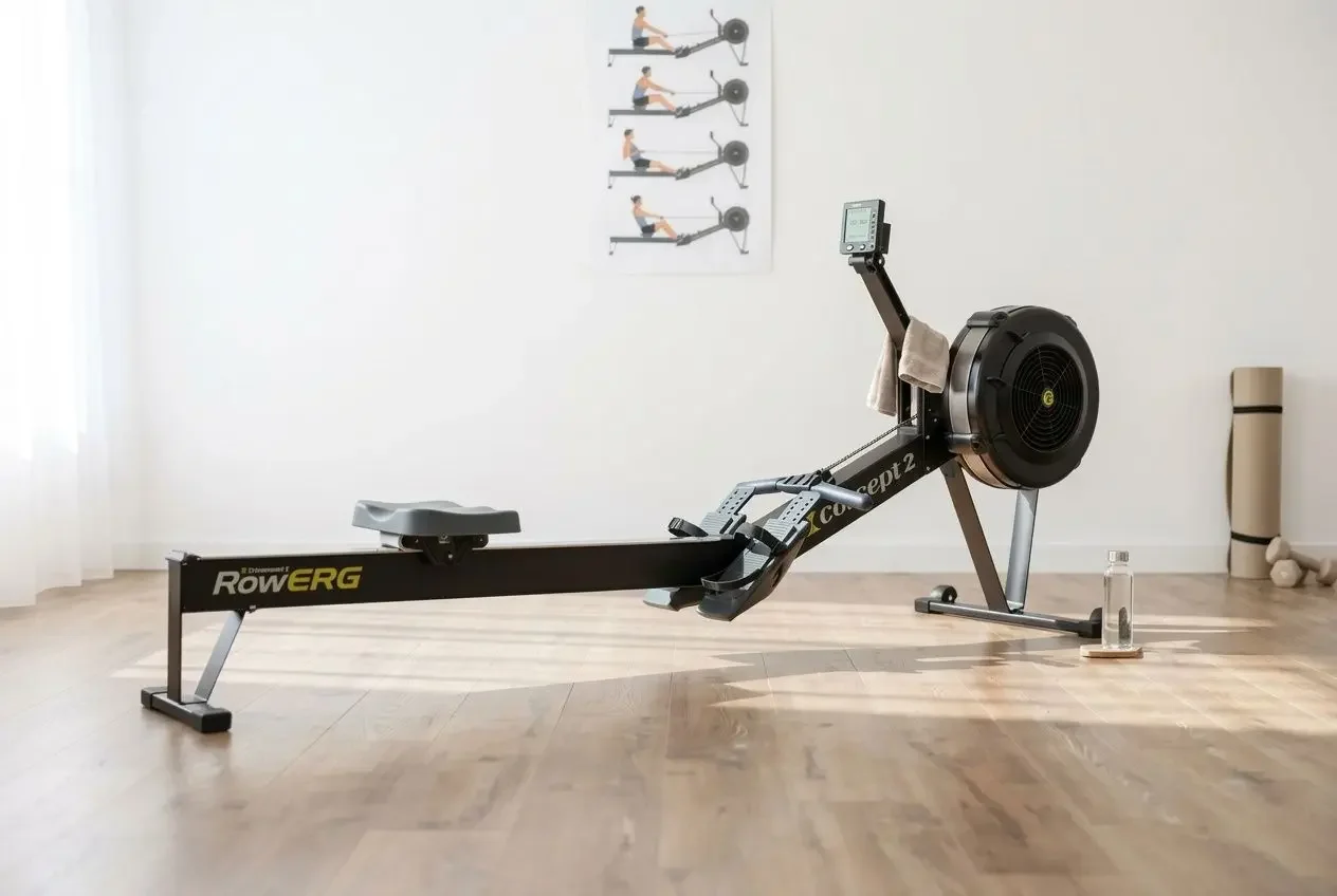 Rameur Concept2 RowERG dans une salle de sport à domicile lumineuse, combinant cardio et musculation.