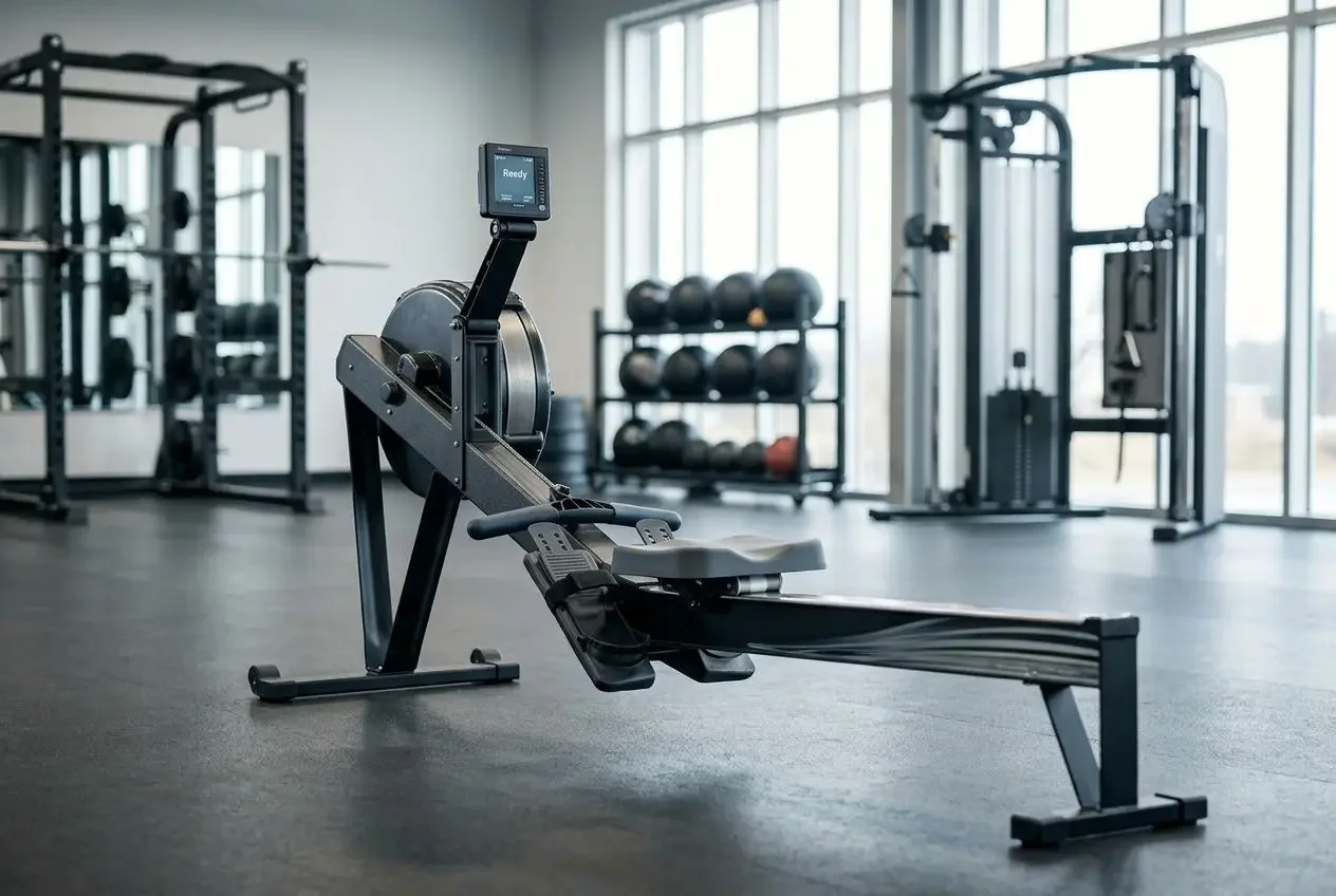 Rameur d'appartement positionné dans une salle de sport moderne, prêt à l'emploi pour un débutant.