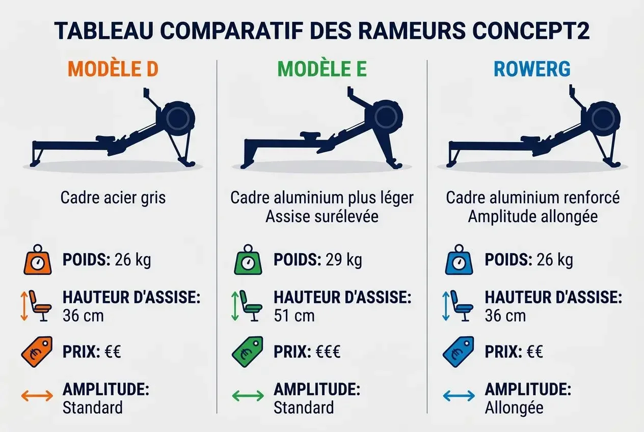 Tableau comparatif des rameurs Concept2: D, E et RowErg avec poids, hauteur d'assise et configuration d'amplitude. Rameur concept 2 pm5 intégré.
