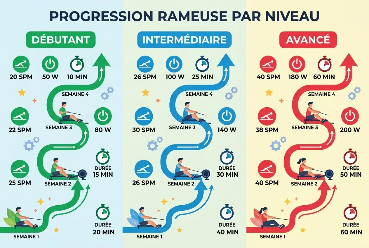 Trois niveaux de progression rameur