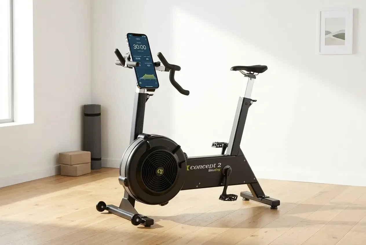 Vélo d'appartement Concept2 BikeErg dans un espace fitness maison avec parquet clair et smartphone monté sur le guidon.