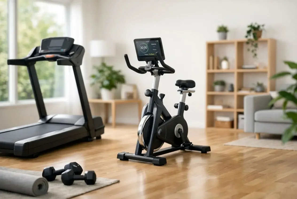 Vélo d'appartement noir placé dans un salon lumineux pour une séance de 30 minutes par jour afin de perdre du ventre.