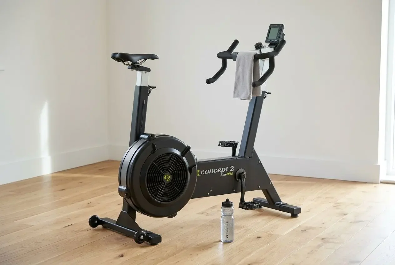Vélo stationnaire Concept2 BikeErg installé dans un coin de salle de sport à domicile lumineuse avec parquet clair.