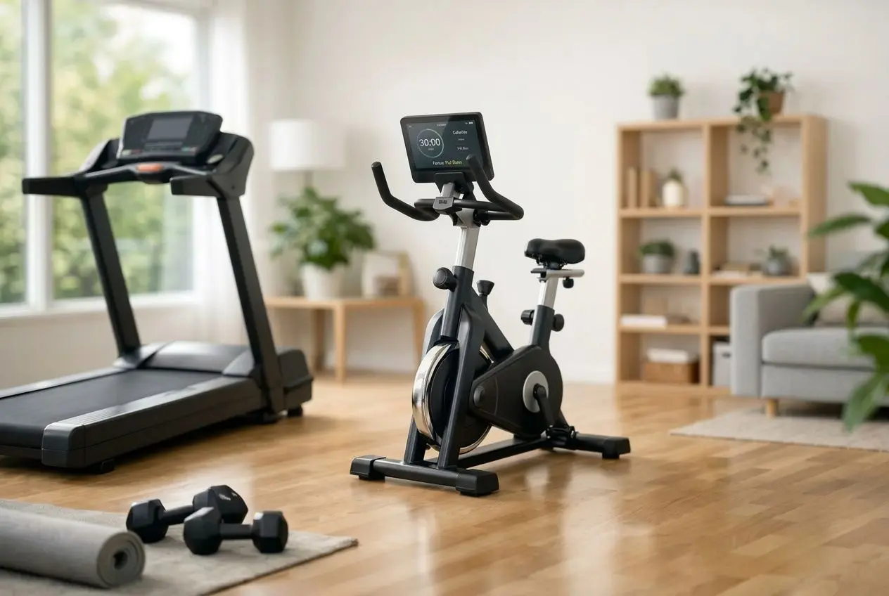 Équipement de fitness à domicile avec vélo d’appartement et tapis de course dans un salon lumineux, ambiance zen et moderne, qui est moovyoo.