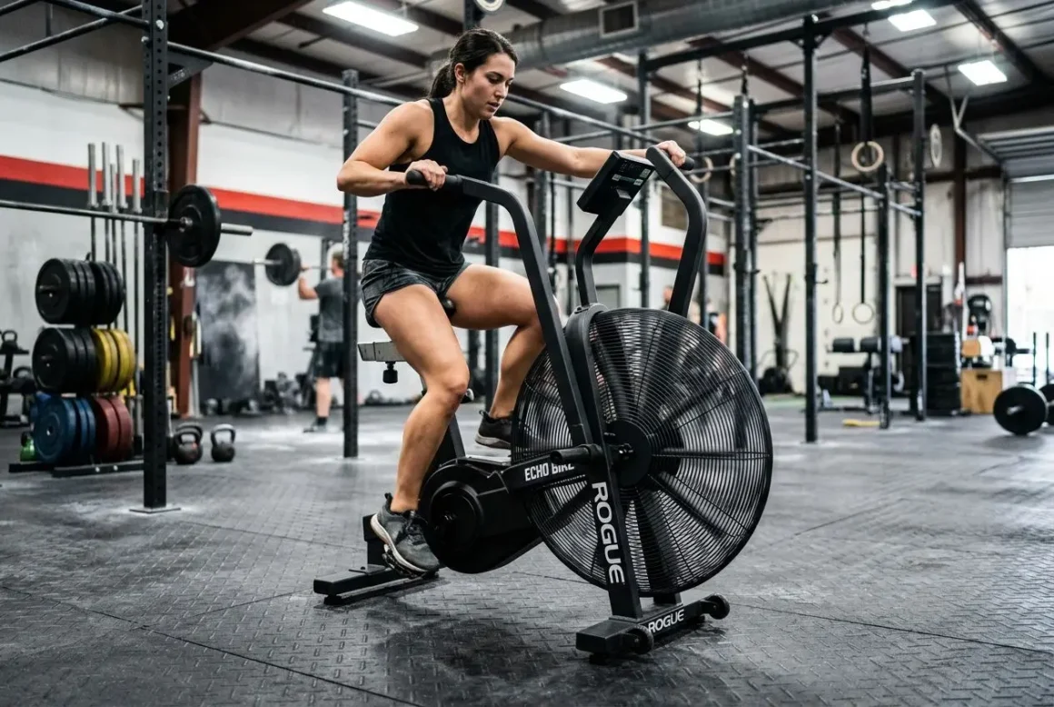Femme s’exerçant sur un assault bike en salle de sport, pédalant vigoureusement avec les bras sur les poignées.