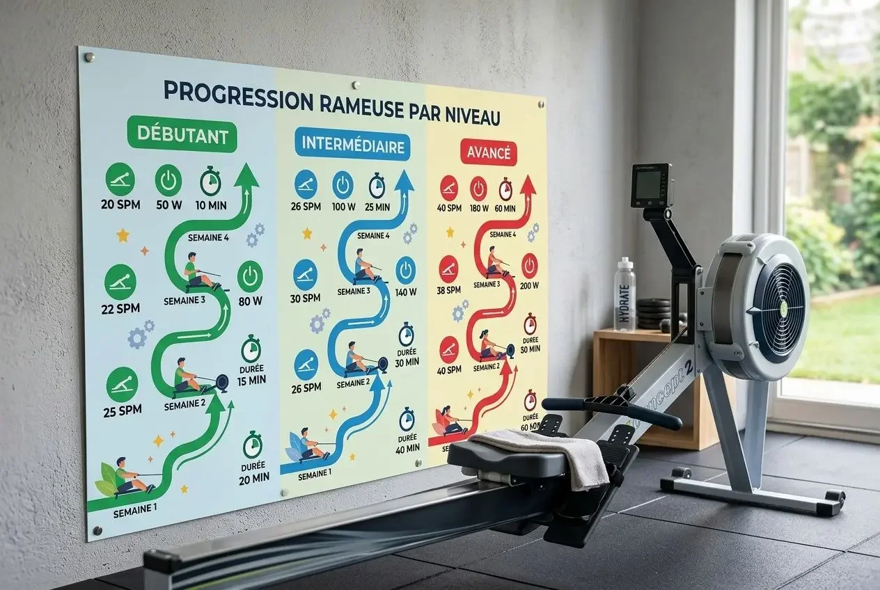 Progression rameuse affichée: niveaux Débutant, Intermédiaire et Avancé avec programme et séances sur le rameur. Le matériel est près d’un tapis et d’un moniteur.