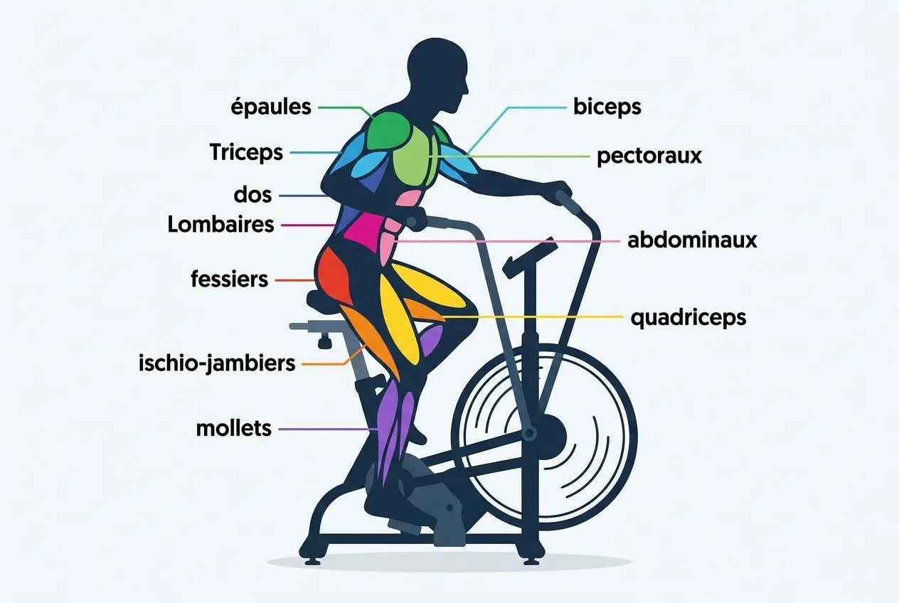 Schéma anatomique d’une personne sur un assault bike: tous les muscles principaux sollicités (épaules, biceps, triceps, pectoraux, dos, lombaires, abdominaux, fessiers, ischio-jambiers, quadriceps et mollets).