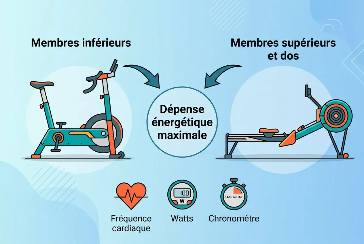 Séance de vélo ergométrique avec indiquation “Dépense énergétique maximale” et foule de paramètres: fréquence cardiaque, watts et chronomètre, montrant l’entraînement entre membres inférieurs et supérieurs.