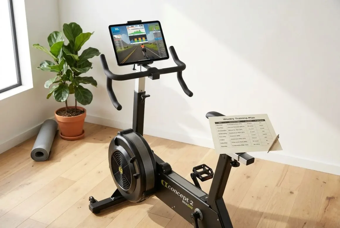 station-velo-ergometrique-ecran-support-plan-dentrainement Station de vélo ergométrique avec écran et support de plan d’entraînement, prête pour une programmation bike erg efficace.