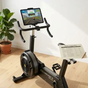 Station de vélo ergométrique avec écran et support de plan d’entraînement, prête pour une programmation bike erg efficace.