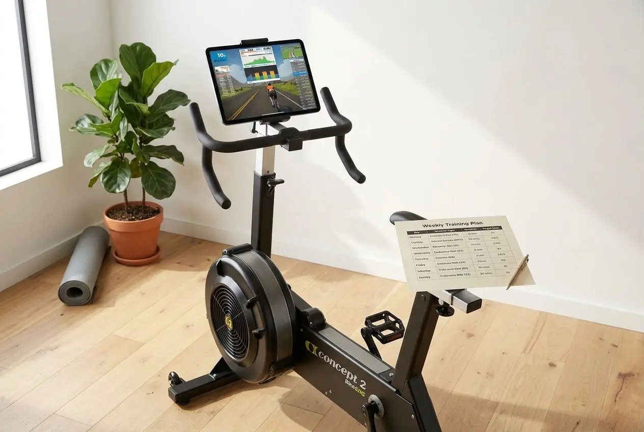 Station de vélo ergométrique avec écran et support de plan d’entraînement, prête pour une programmation bike erg efficace.