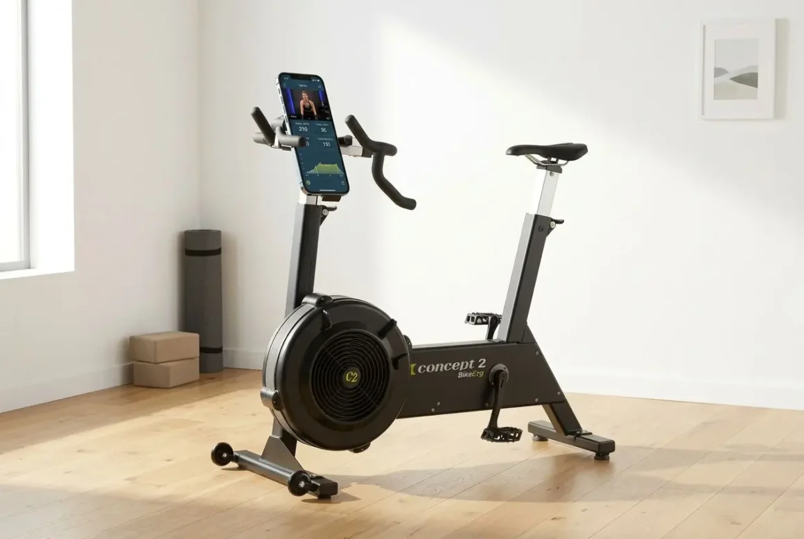 Vélo d’appartement Concept 2 moovyoo, écran connecté sur guidon, cadre noir, roue d’inertie, posé dans une pièce lumineuse. qui est moovyoo est présent.